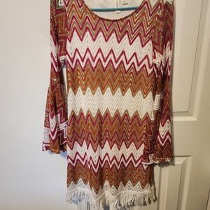 Bohemian Womens Zigzag Dress - Pink White